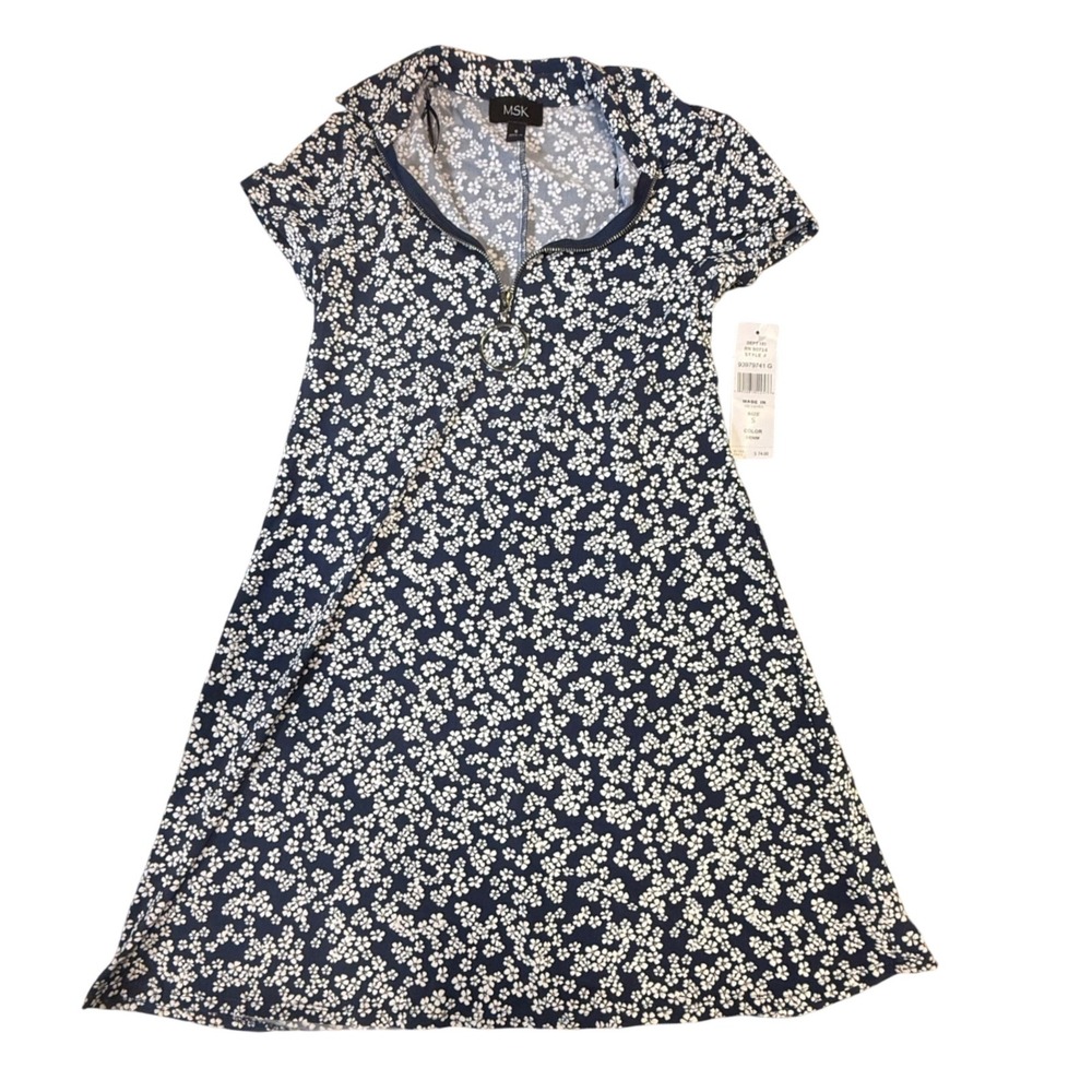 MSK Floral Print Dress Half Zip Casual A-Line Short Sleeve Small